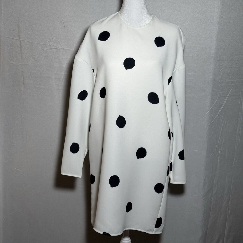 Tibi White Black Polka Dot Shift Dress Size 2 Long Sleeve Designer Mini Classic